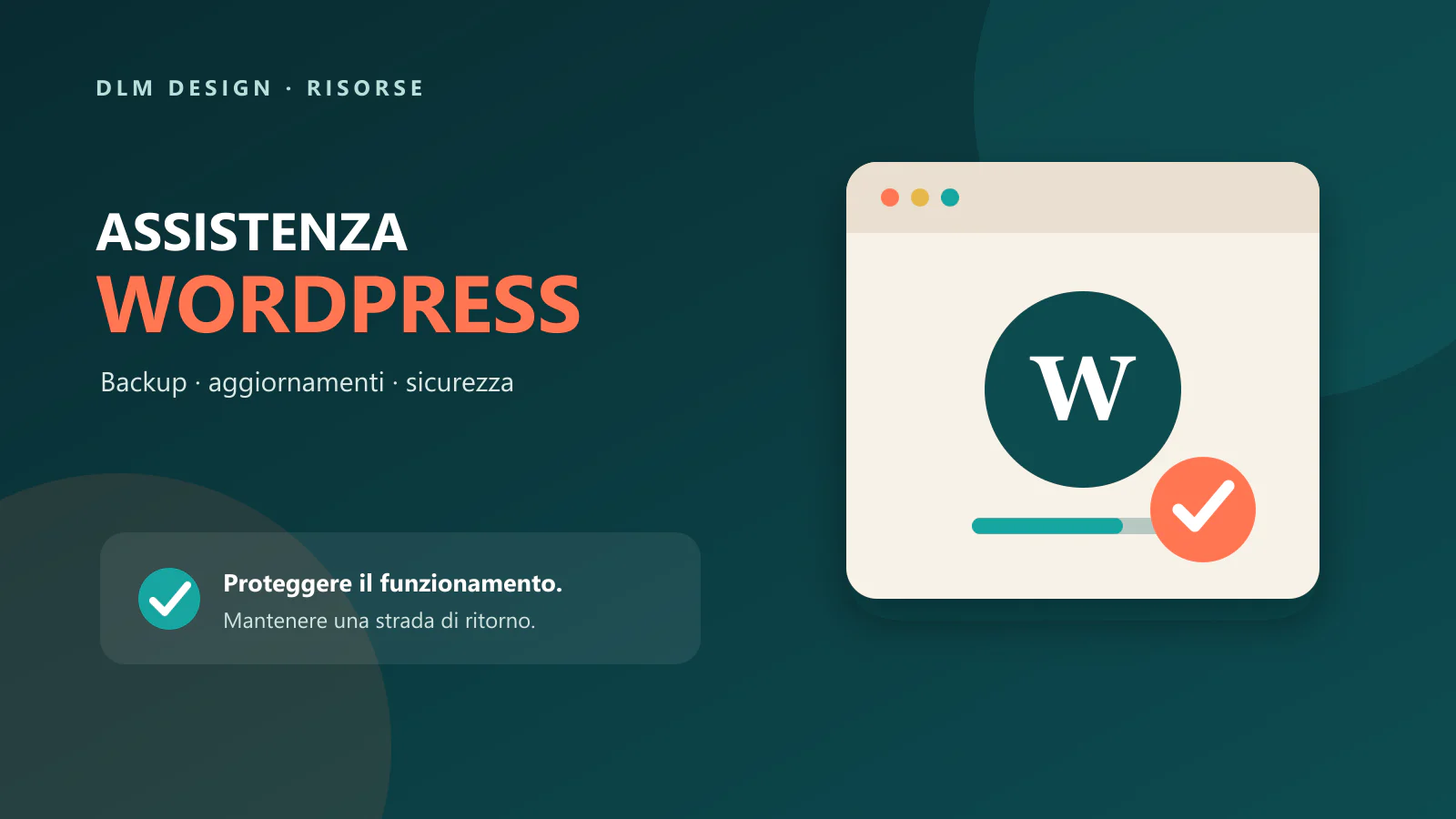 Dashboard tecnica con controlli di assistenza, backup, sicurezza e aggiornamenti WordPress