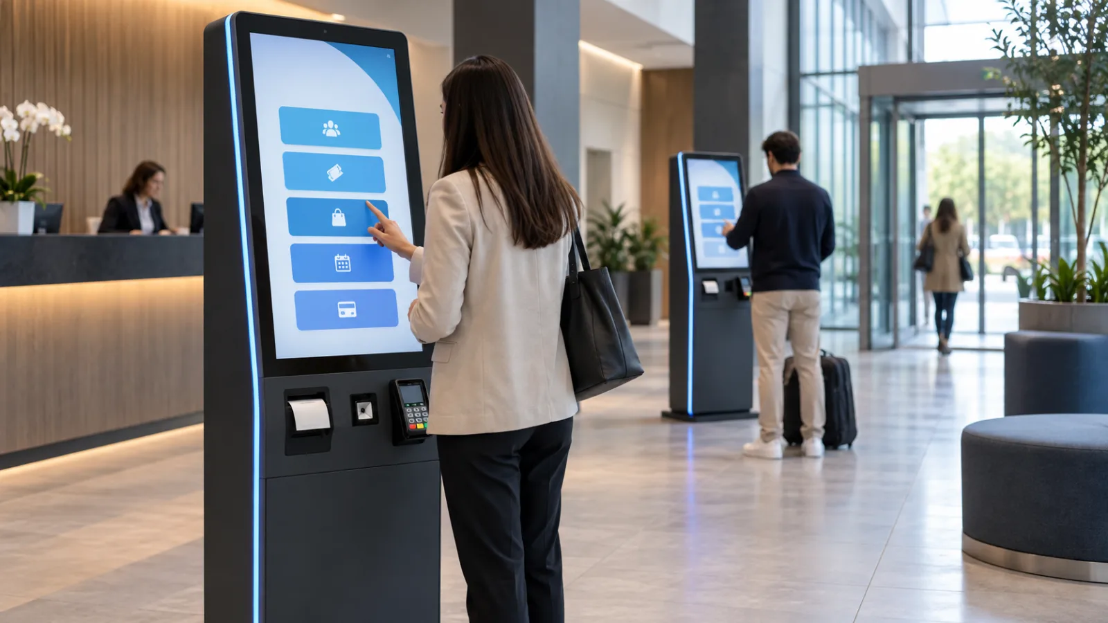 Totem interattivi moderni con touchscreen, lettore QR, stampante e terminale di pagamento in un ingresso accessibile